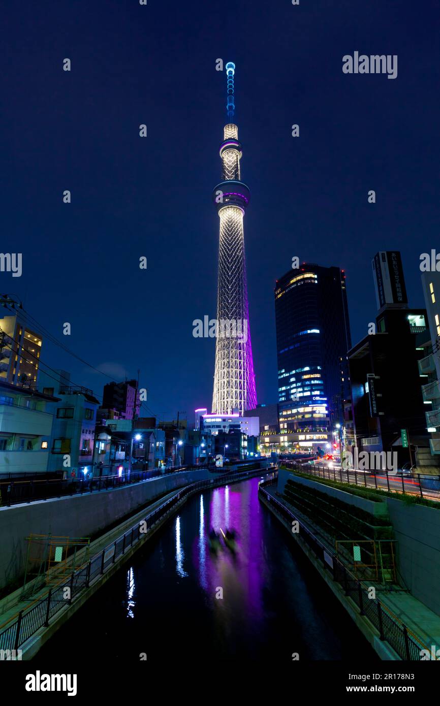 Tokyo sky tree illumination seen from Nishi Jikkenbashi bridge Stock Photo