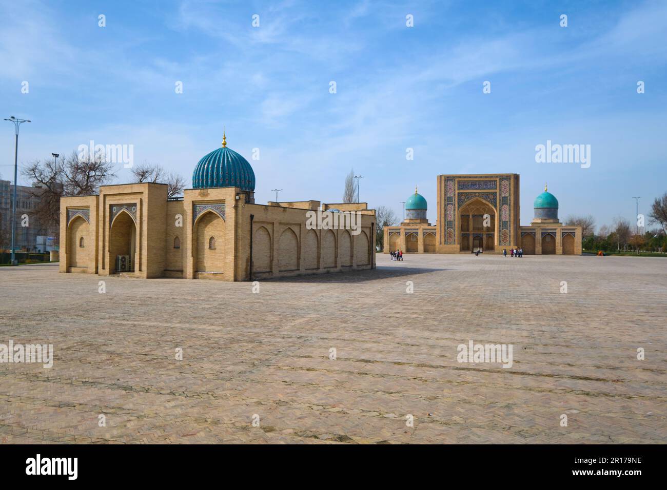 View of the Muyi Muborak Madrasah, foreground and the Barakhan Madrasah, background, in the main square, plaza. At the Hazrati Imam complex in Tashken Stock Photo