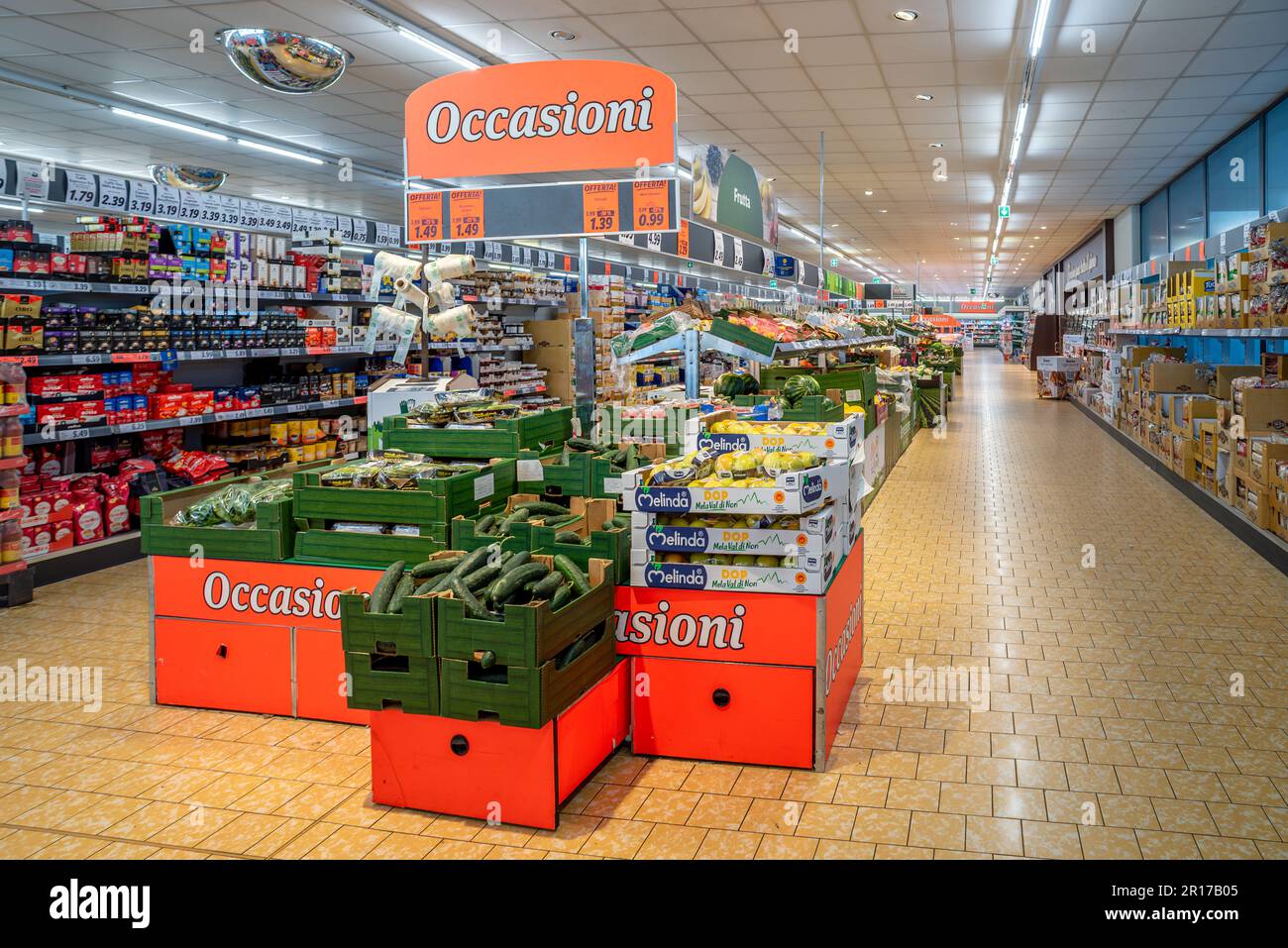 Fossano, Italy May 11, 2023 LIDL discount store interior with aisles and shelves of fruits