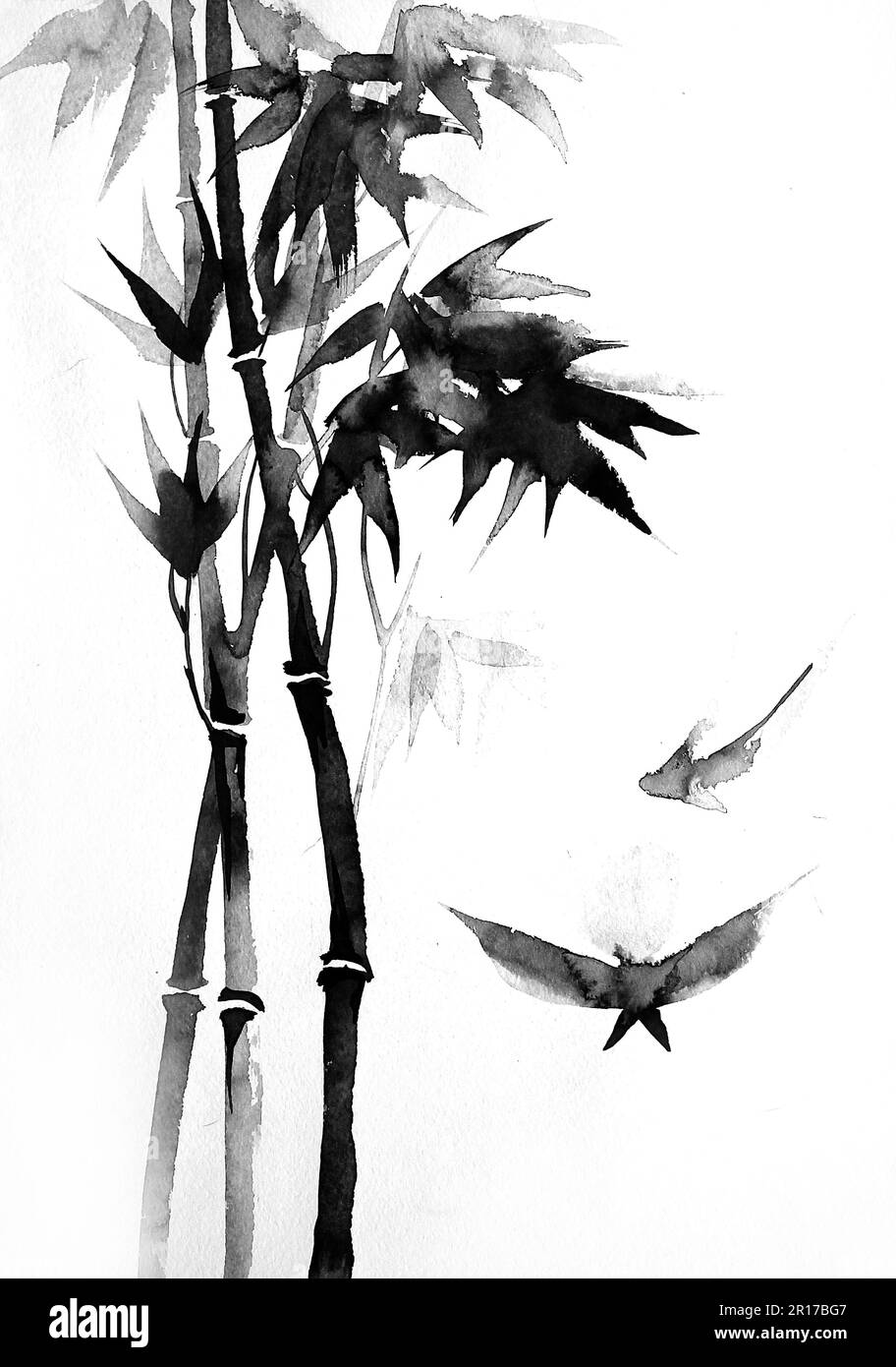 Ink painting with bamboo tree in simple minimalist style on rice paper background. Traditional