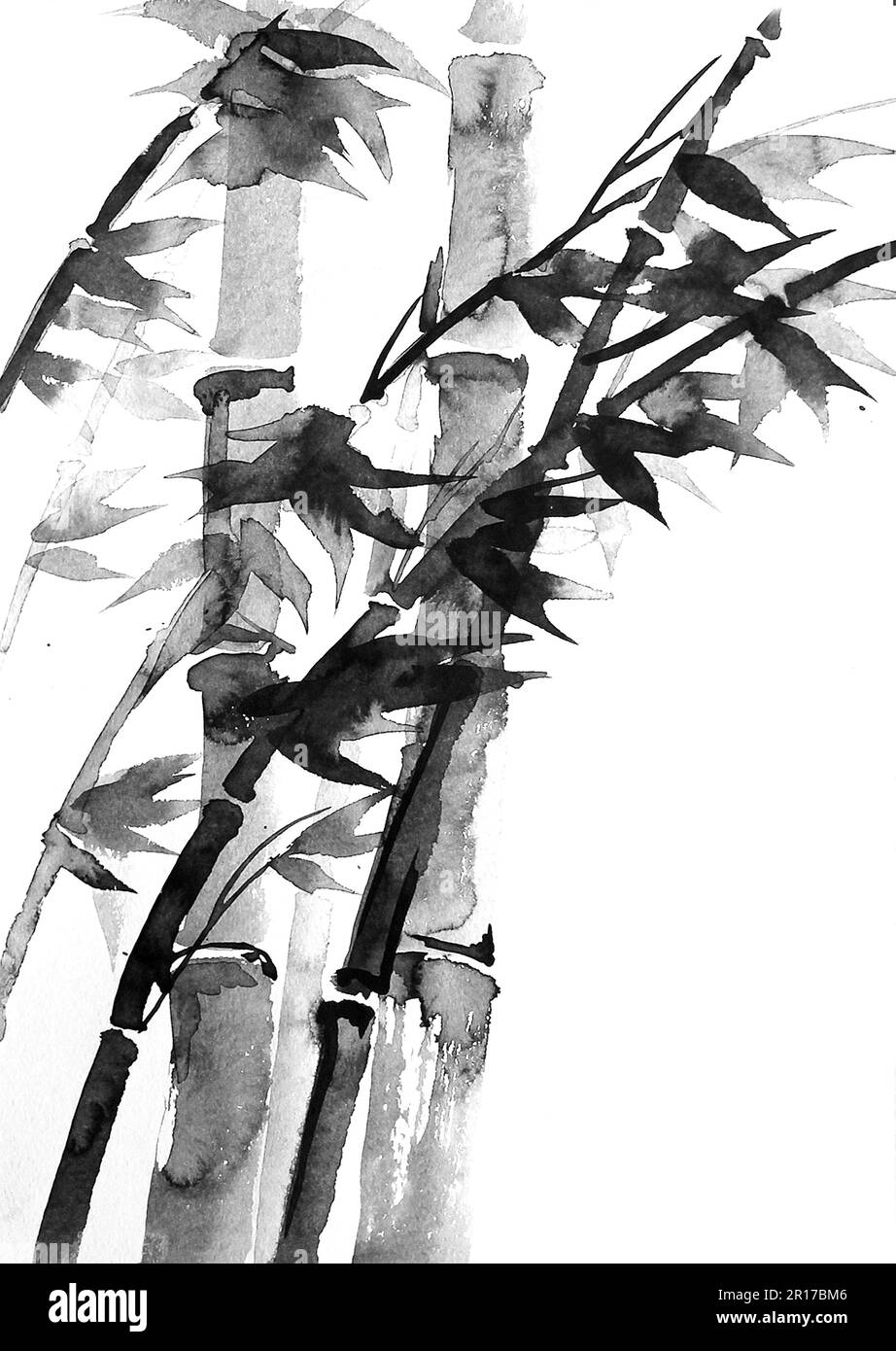 Ink painting with bamboo tree in simple minimalist style on rice paper background. Traditional