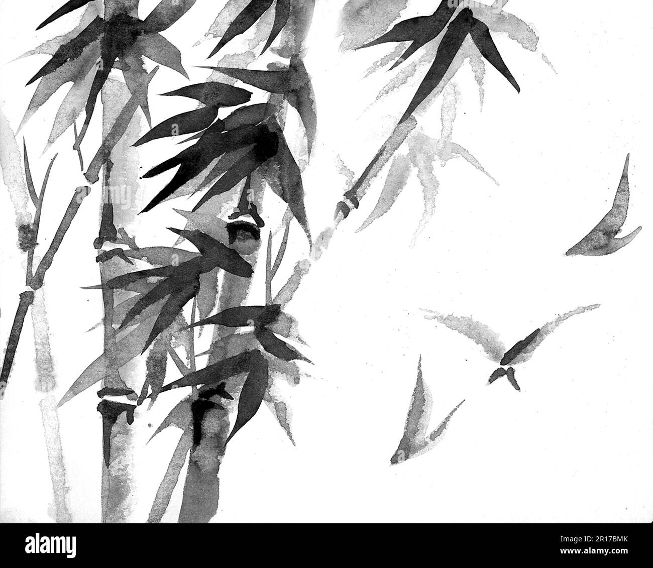 Ink painting with bamboo tree in simple minimalist style on rice paper