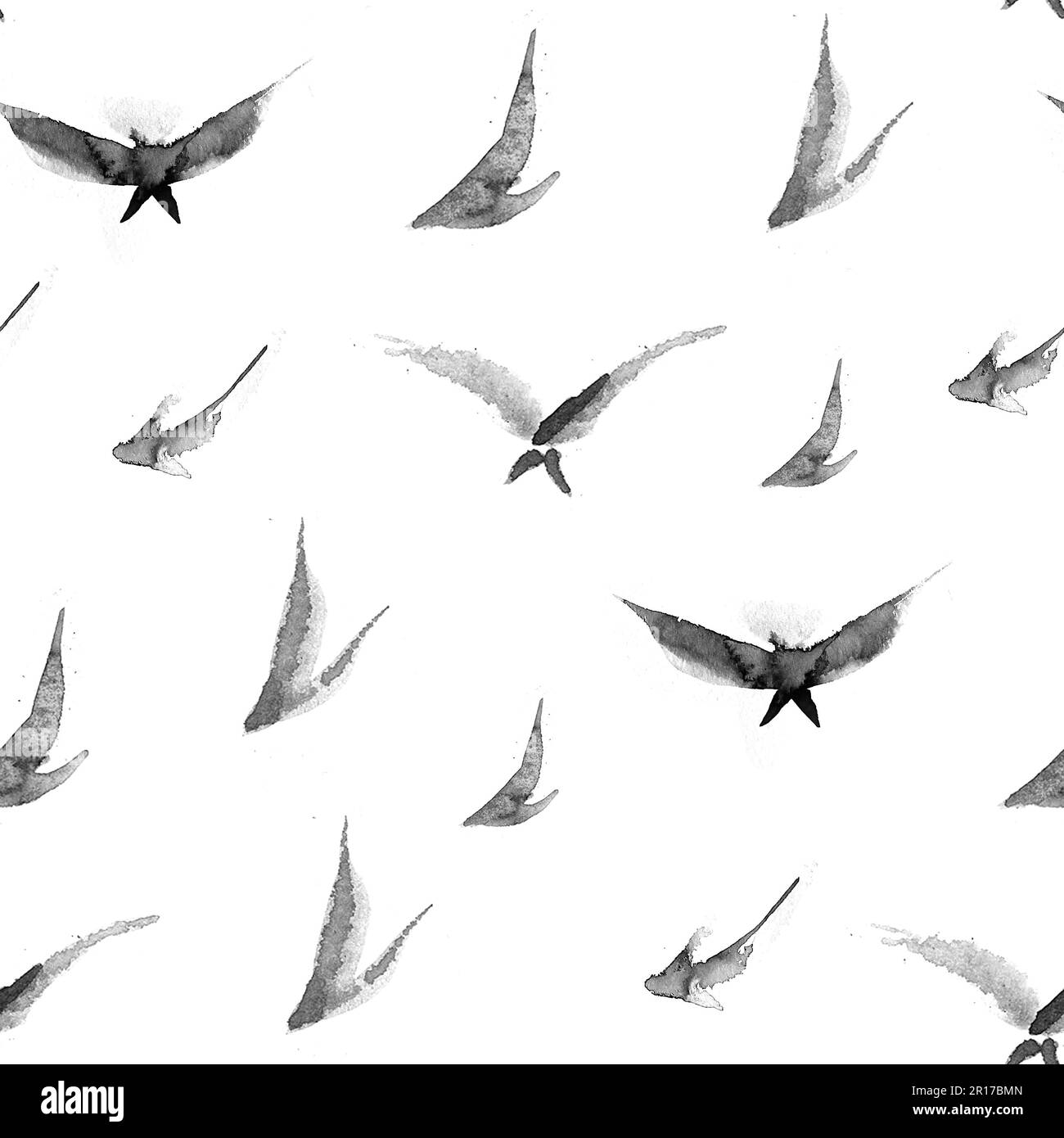 Japanese sumi-e birds seamless pattern in simple minimalist style on rice paper background. Traditional oriental ink painting sumi-e, u-sin, go-hua Stock Photo