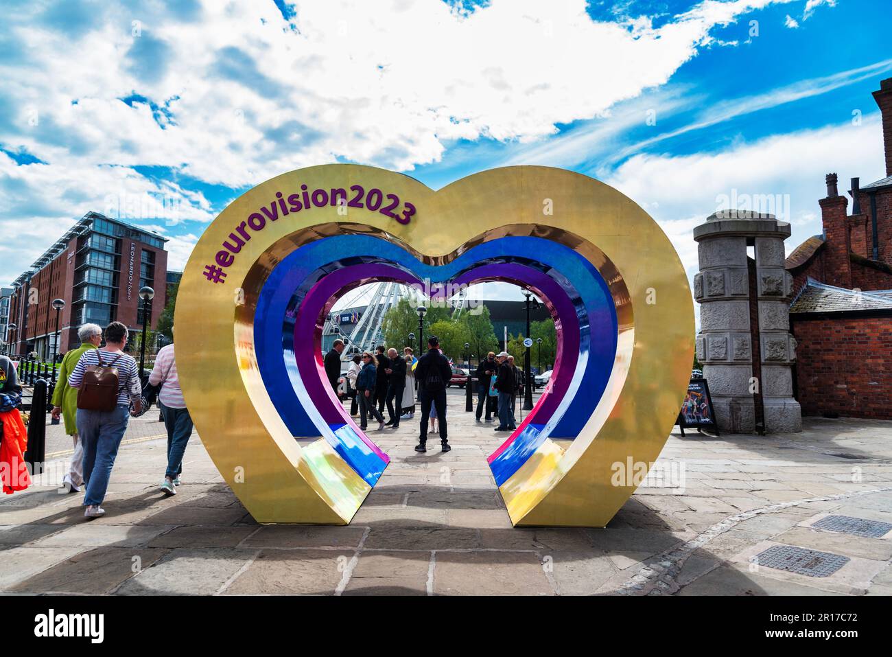 Liverpool, UK. 11th May, 2023. A tunnel of hearts with the hashtag #eurovision2023 seen at the Royal Albert Docks in Liverpool ahead of the Eurovision final on the 13th May. The Eurovision Song Contest which was won last year by Ukraine who are unable to host this years consort due to the ongoing war with Russia. (Photo by Dave Rushen/SOPA Images/Sipa USA) Credit: Sipa USA/Alamy Live News Stock Photo