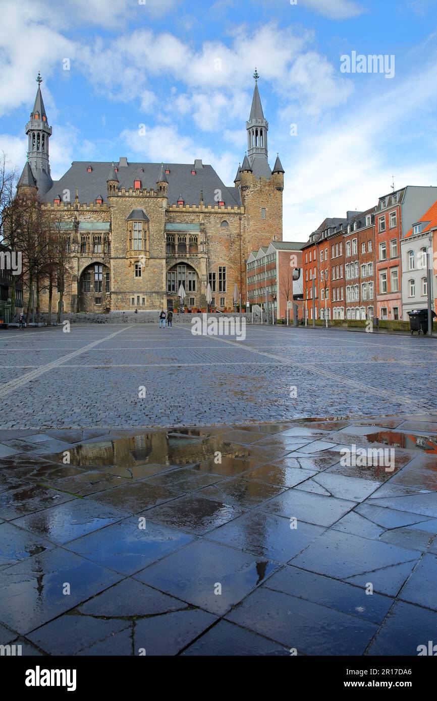 Reflections of the town hall of Aachen, North Rhine Westfalia, Germany Stock Photo