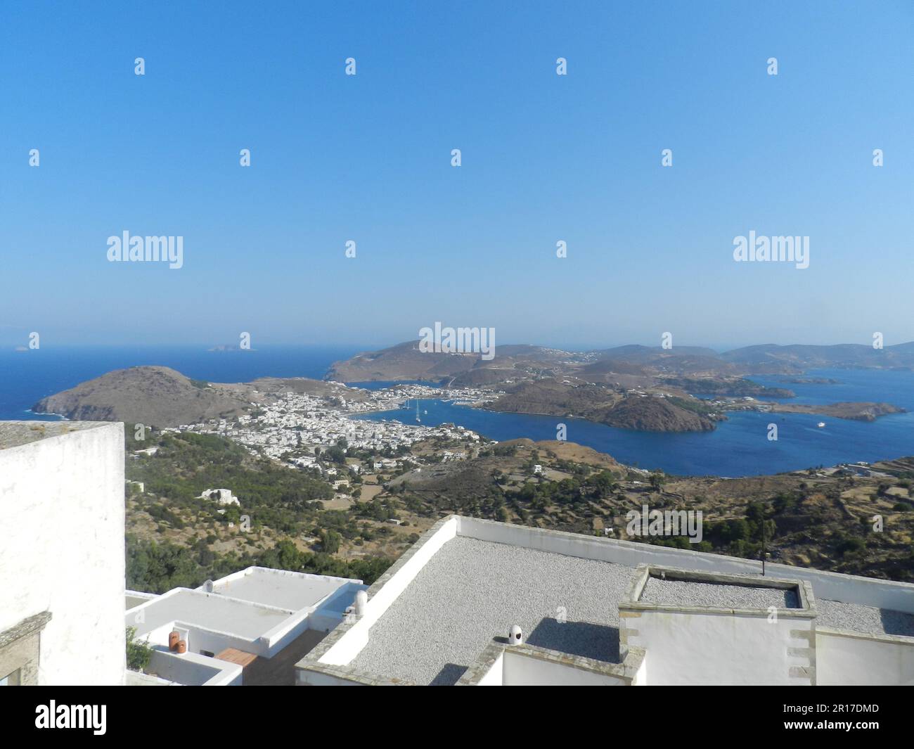 Greece, Island of Patmos: panoramic view of Skala and isthmus from the ...