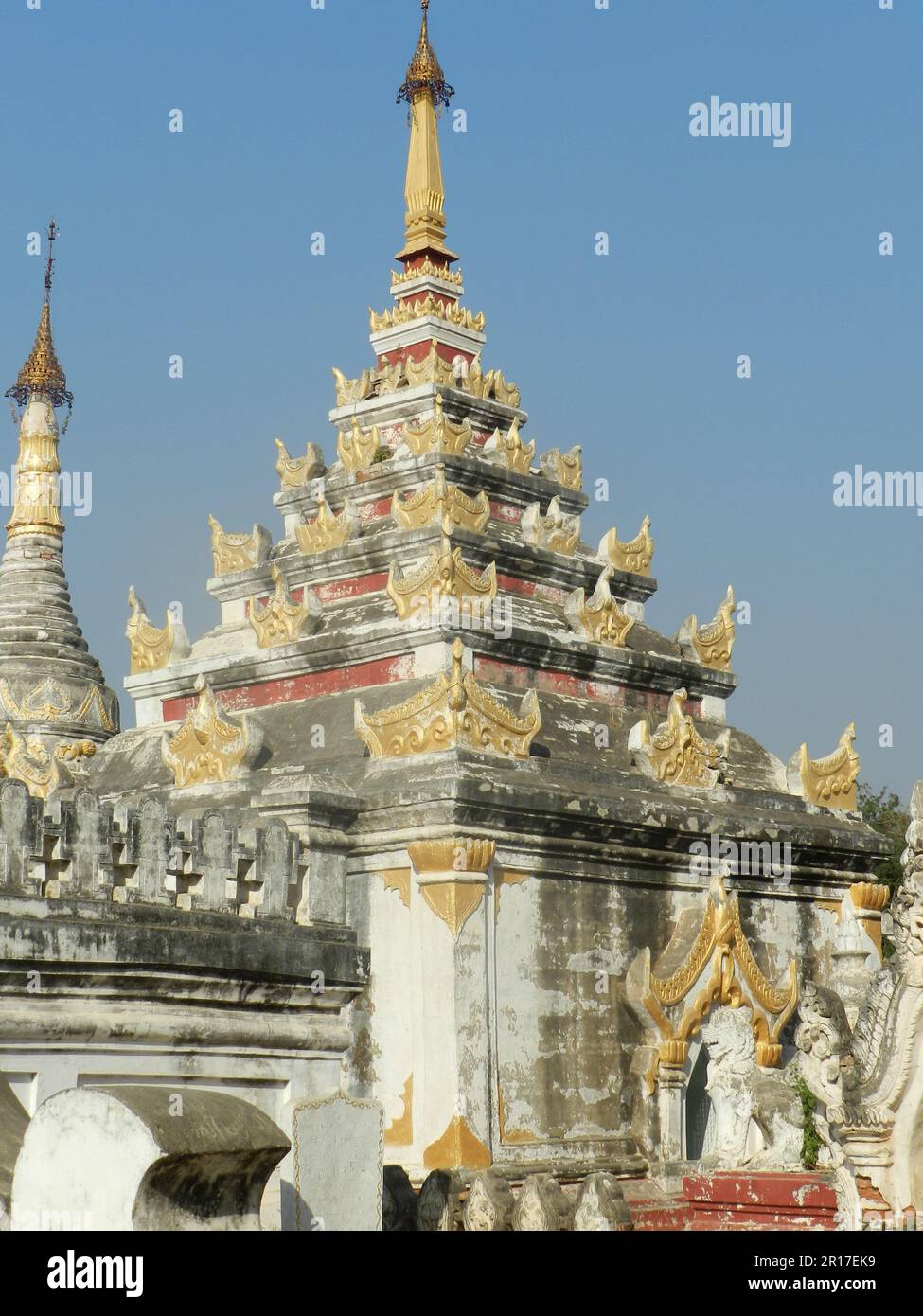 Myanmar, Mandalay, Inwa:  a handsome terraced tower of Maha Aung Mye Bonzan Kyaung (Monastery), built in 1822 for Queen Meh Nu, wife of King Bagyidaw. Stock Photo