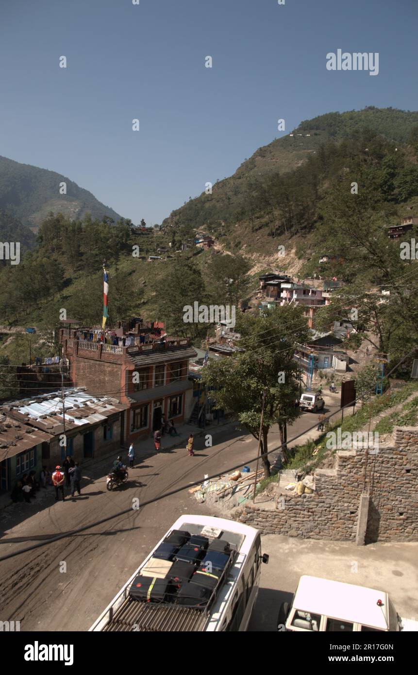 Nepal, Kodari tour bus, parked in Kodari, after crossing the