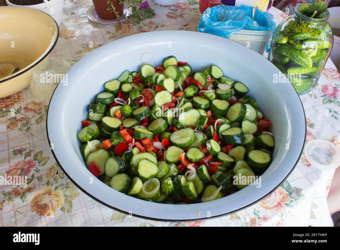 Sliced cucumber and red pepper for winter conservation on the table Stock Photo