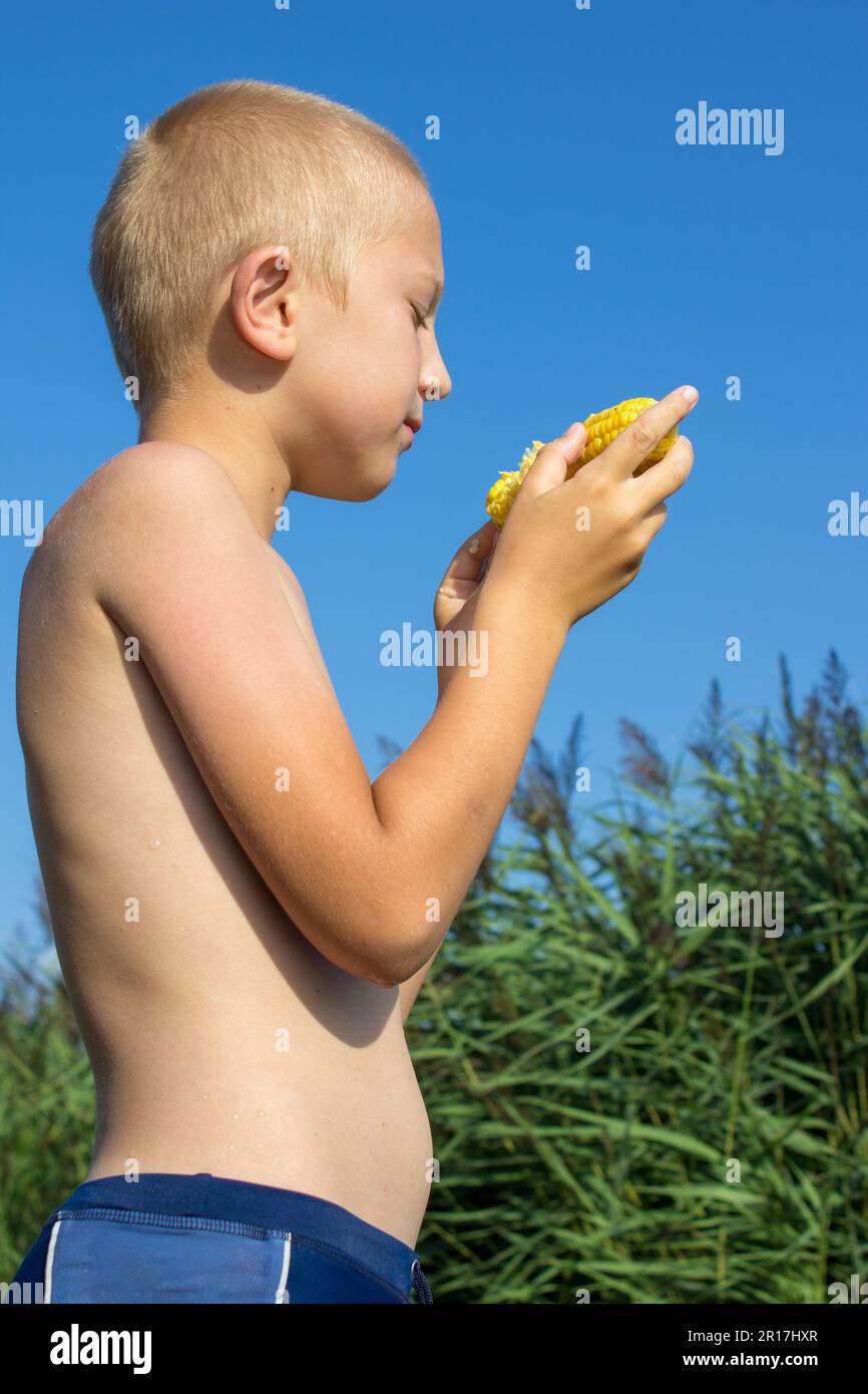 The boy looks at the sweet corn in his hands to eat Stock Photo