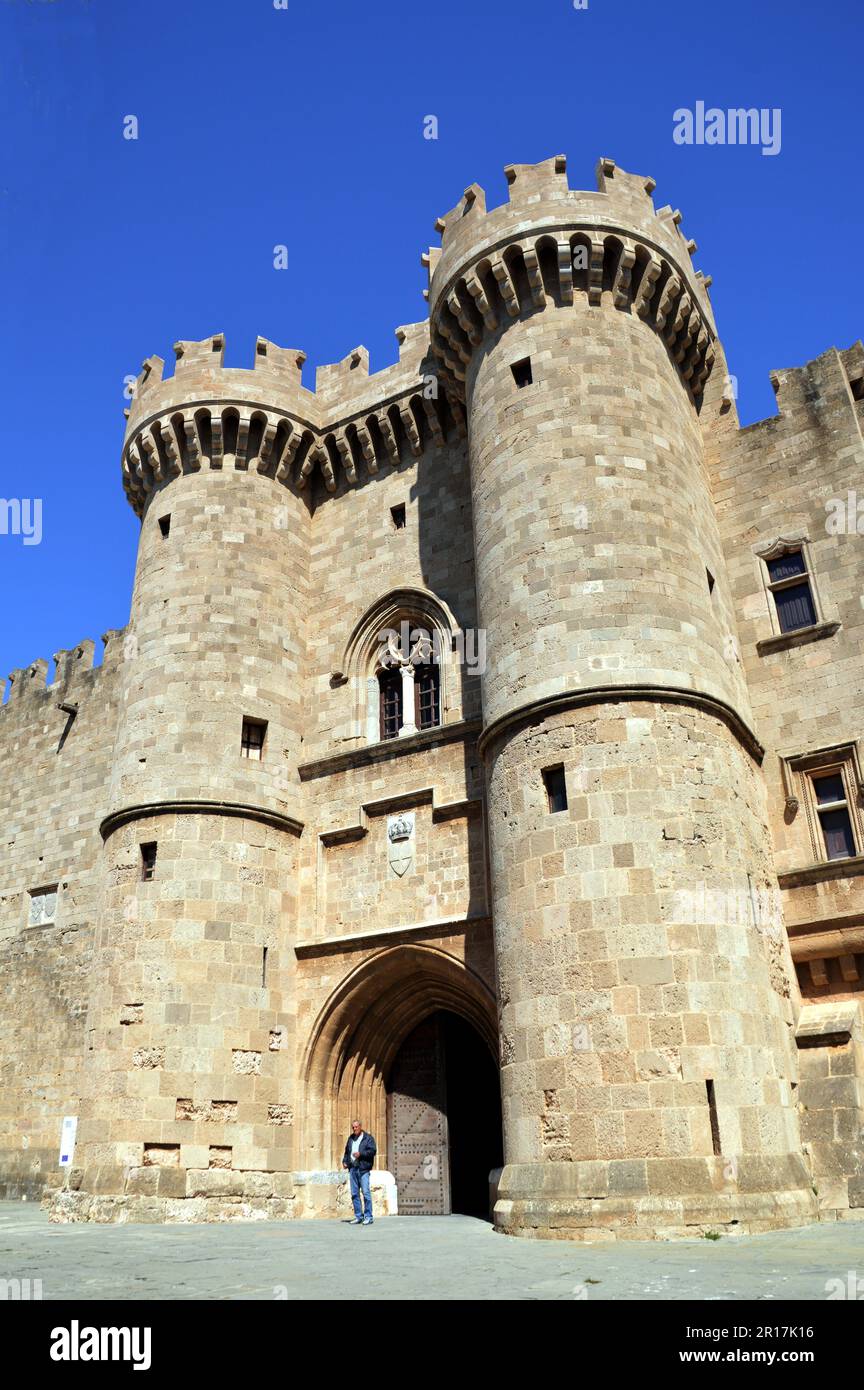 Rhodes, Greece, Grandmaster Palace architecture entry and towers Stock  Photo - Alamy