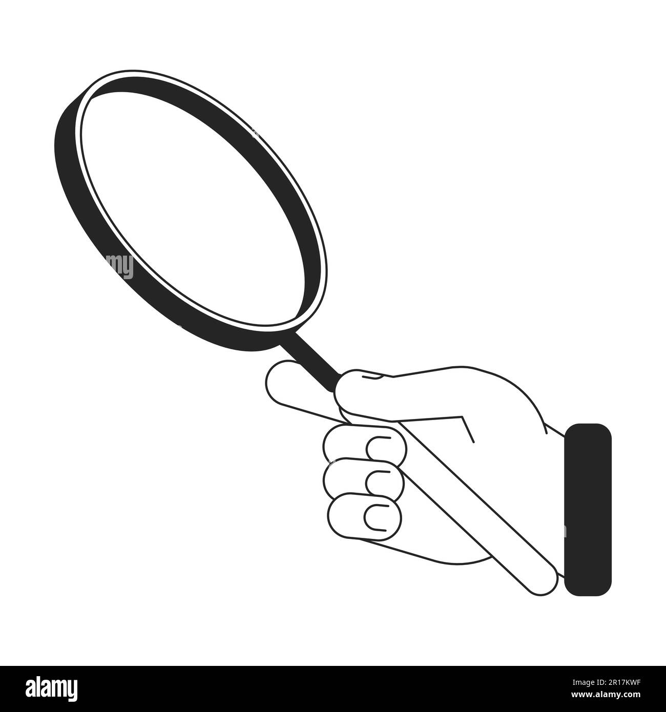 Hand holding magnifying glass bw concept vector spot illustration Stock