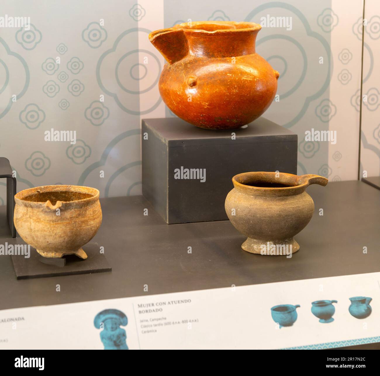 Pottery pouring vessels from Uxal, Early Classic period, Mayan archaeological museum, Fort San Jose, Campeche, Mexico Stock Photo