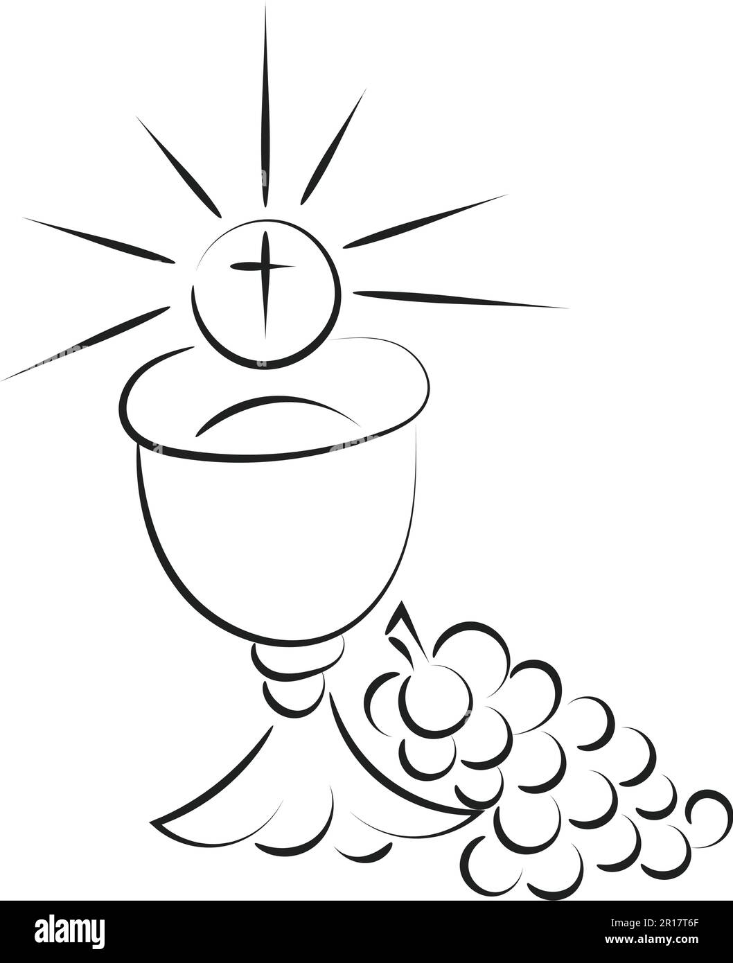 First Communion Embroidery Design. Eucharist In Chalice with Grapes and wheat for print or use as poster, card, flyer or T Shirt Stock Vector