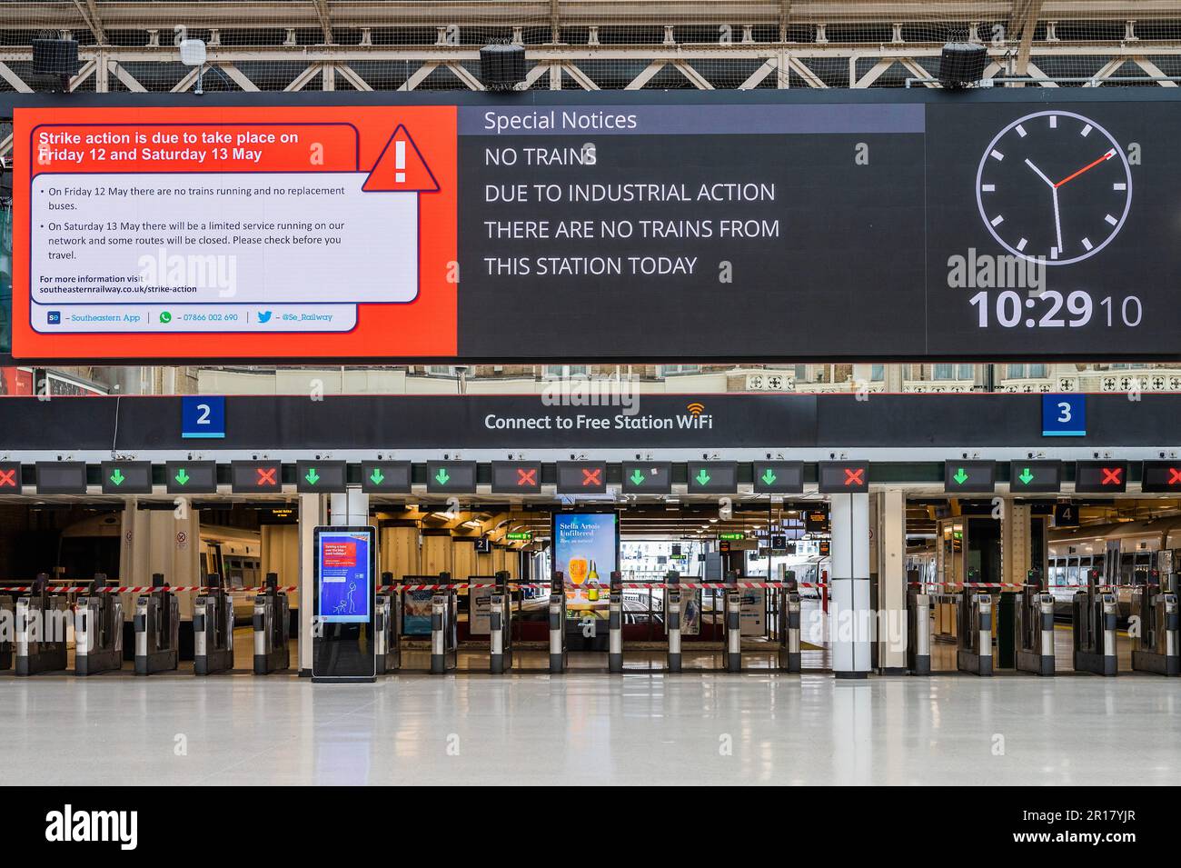 London, UK. 12th May, 2023. The main departure boards are blank at