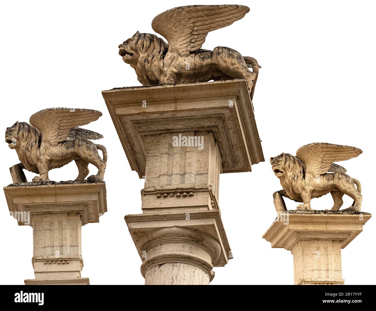 Marble statue of the Winged Lion of Saint Mark (Leone di San Marco), isolated on white background. Symbol of the Venetian Republic. Piazza Maggiore, F Stock Photo