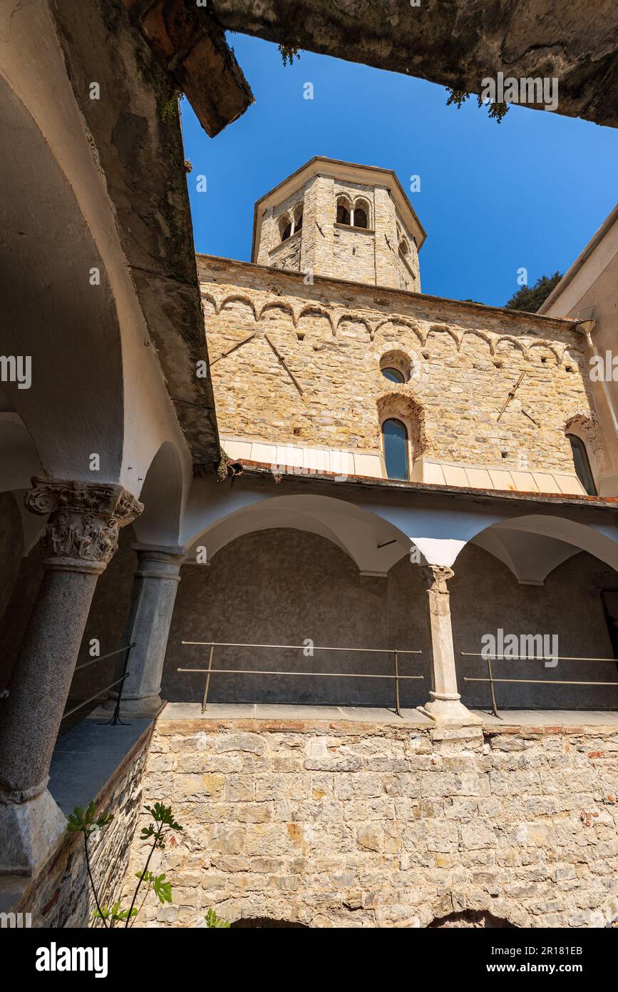 Closeup of the ancient San Fruttuoso Abbey, X-XI century, place of worship between Portofino and Camogli, Genoa province, Liguria, Italy, Europe. Stock Photo