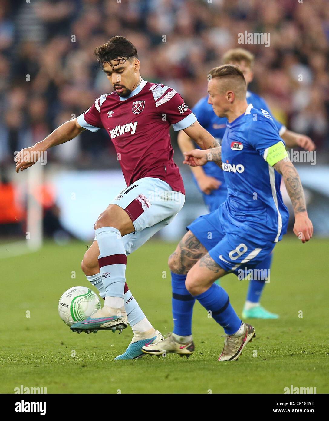 London, UK. 11th May 2023. Lucas Paqueta of West Ham United and Jordy Clasie of AZ Alkmaar  during West Ham United v AZ Alkmaar football match, UEFA  Europa Conference League, London, London, UK. Credit : Michael Zemanek Credit: Michael Zemanek/Alamy Live News Stock Photo