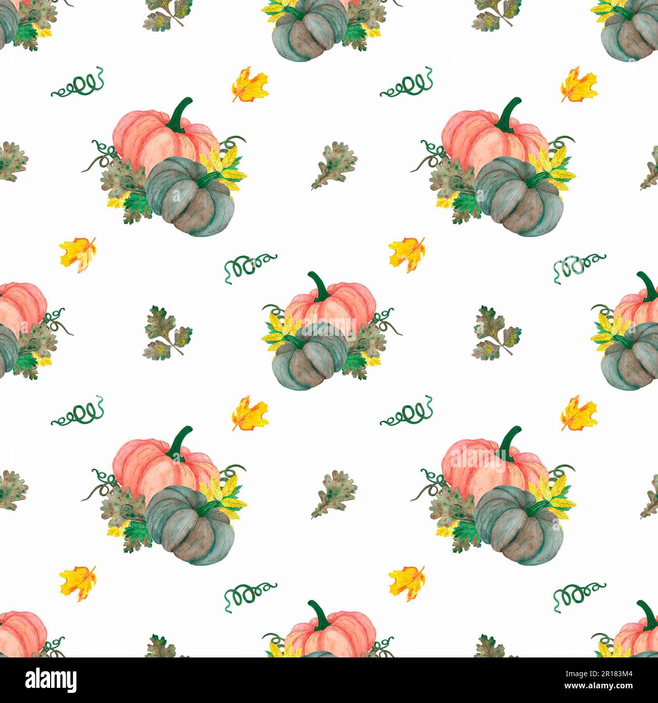 Hand drawn watercolor leaves and pumpkin seamless pattern on white ...