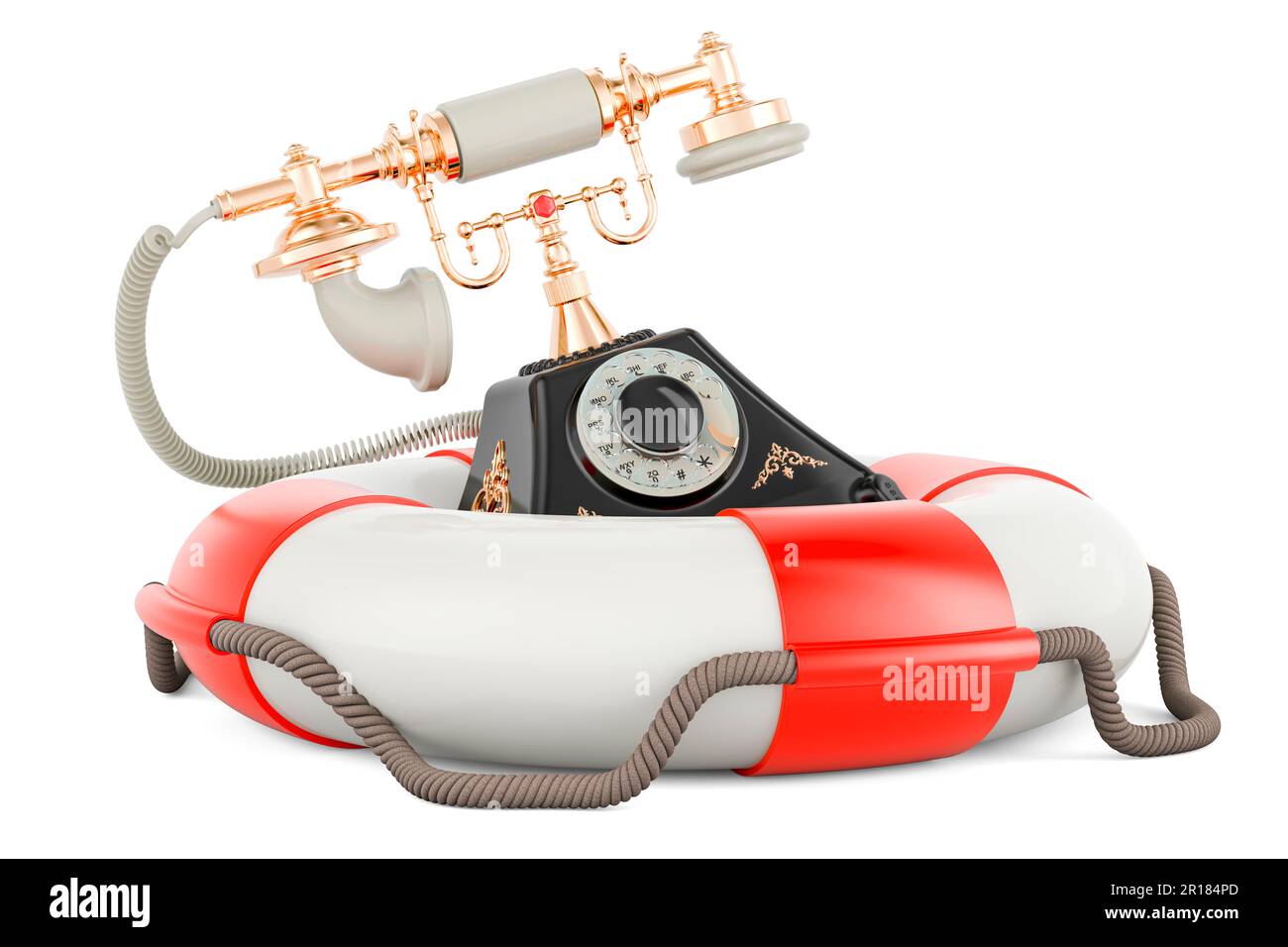Old-fashioned phone inside lifebelt. 3D rendering isolated on white ...