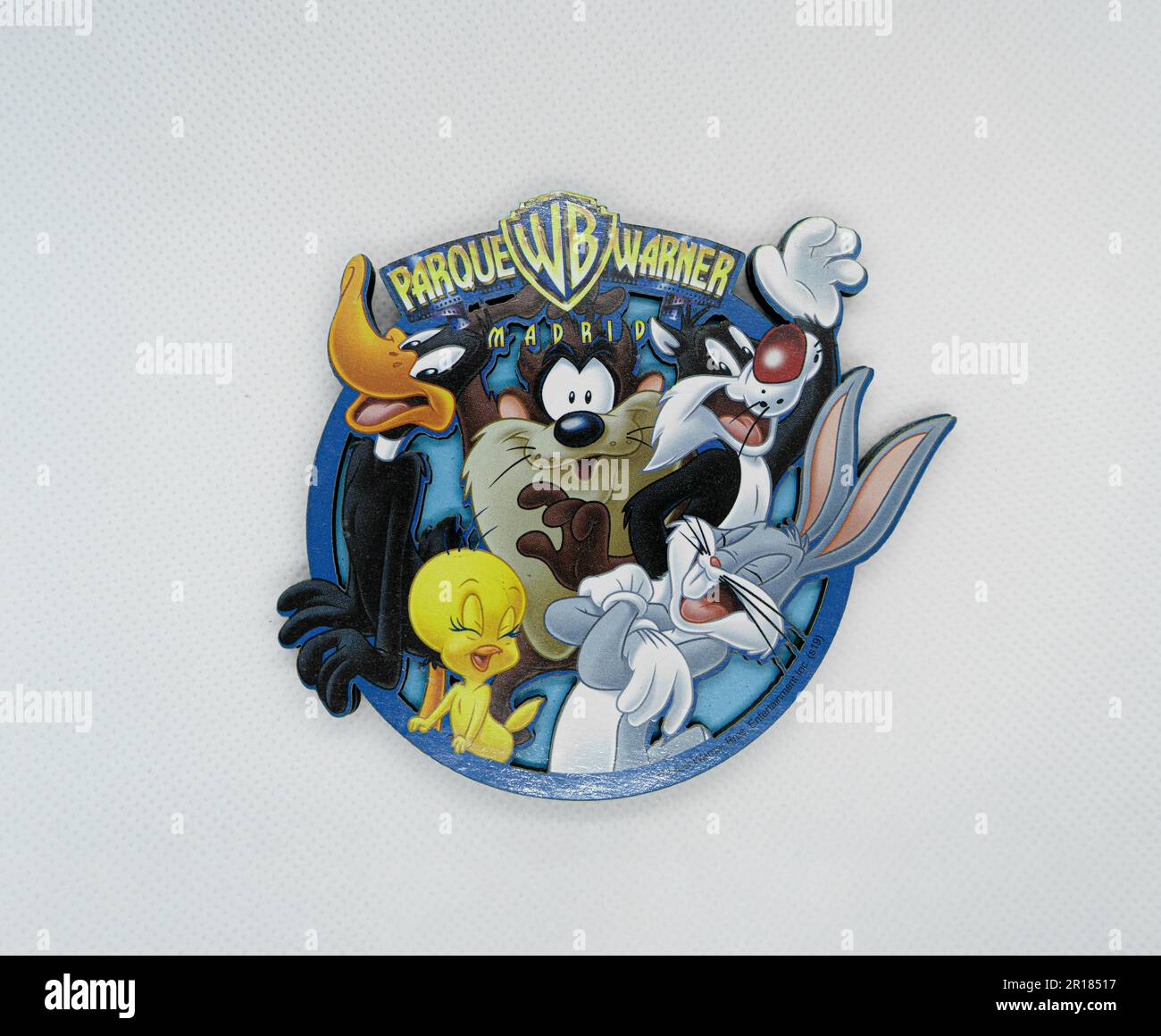 A colorful cartoon character sticker of classic Looney Tunes characters on a plain white background Stock Photo