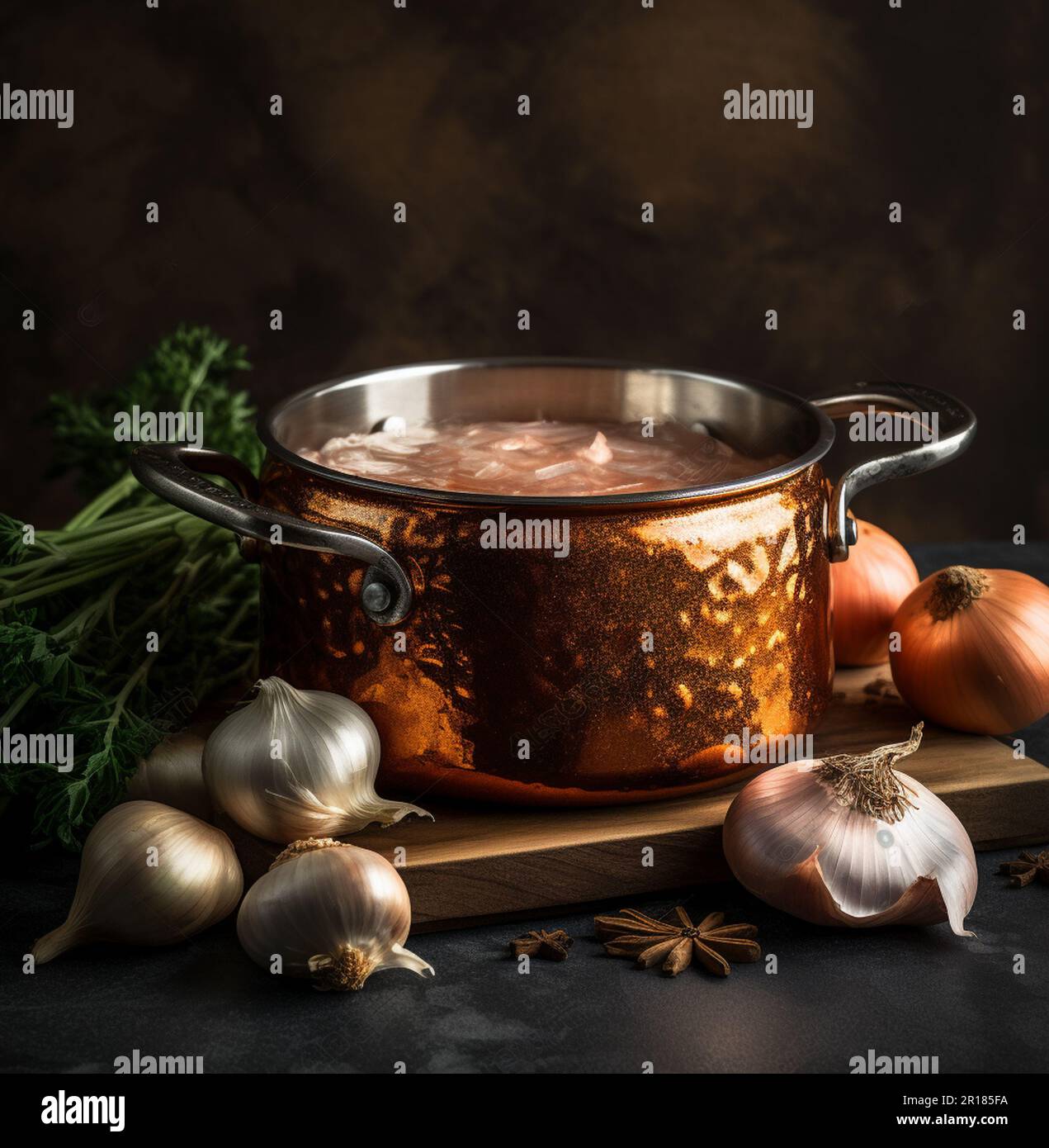traditional french onion soup in a saucepan Stock Photo Alamy