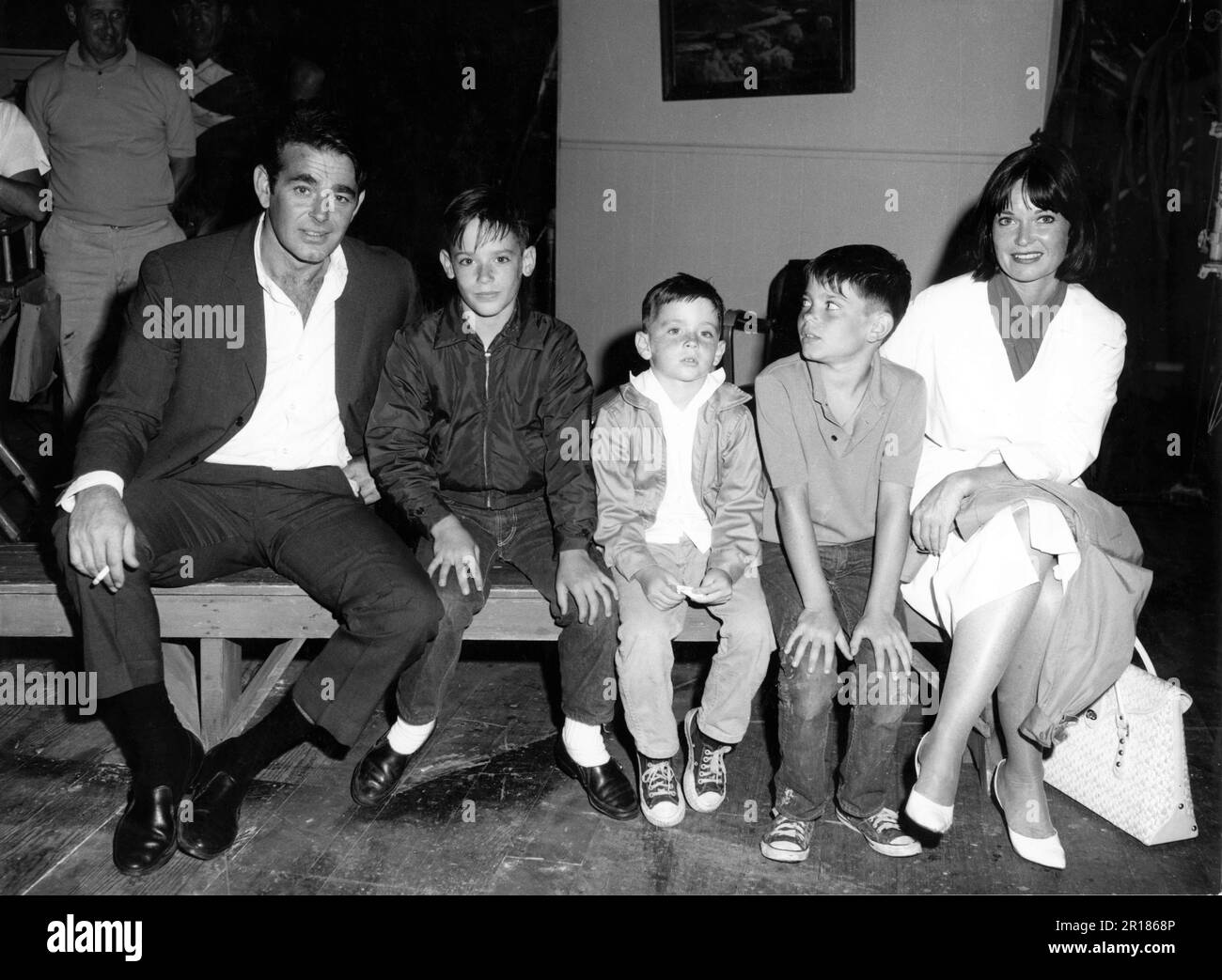 STUART WHITMAN with his children / sons TONY (born 1953), SCOTT 9b.1958) and MICHAEL (b.1954) and 1st wife PATRICIA LaLONDE WHITMAN circa 1964 Stock Photo