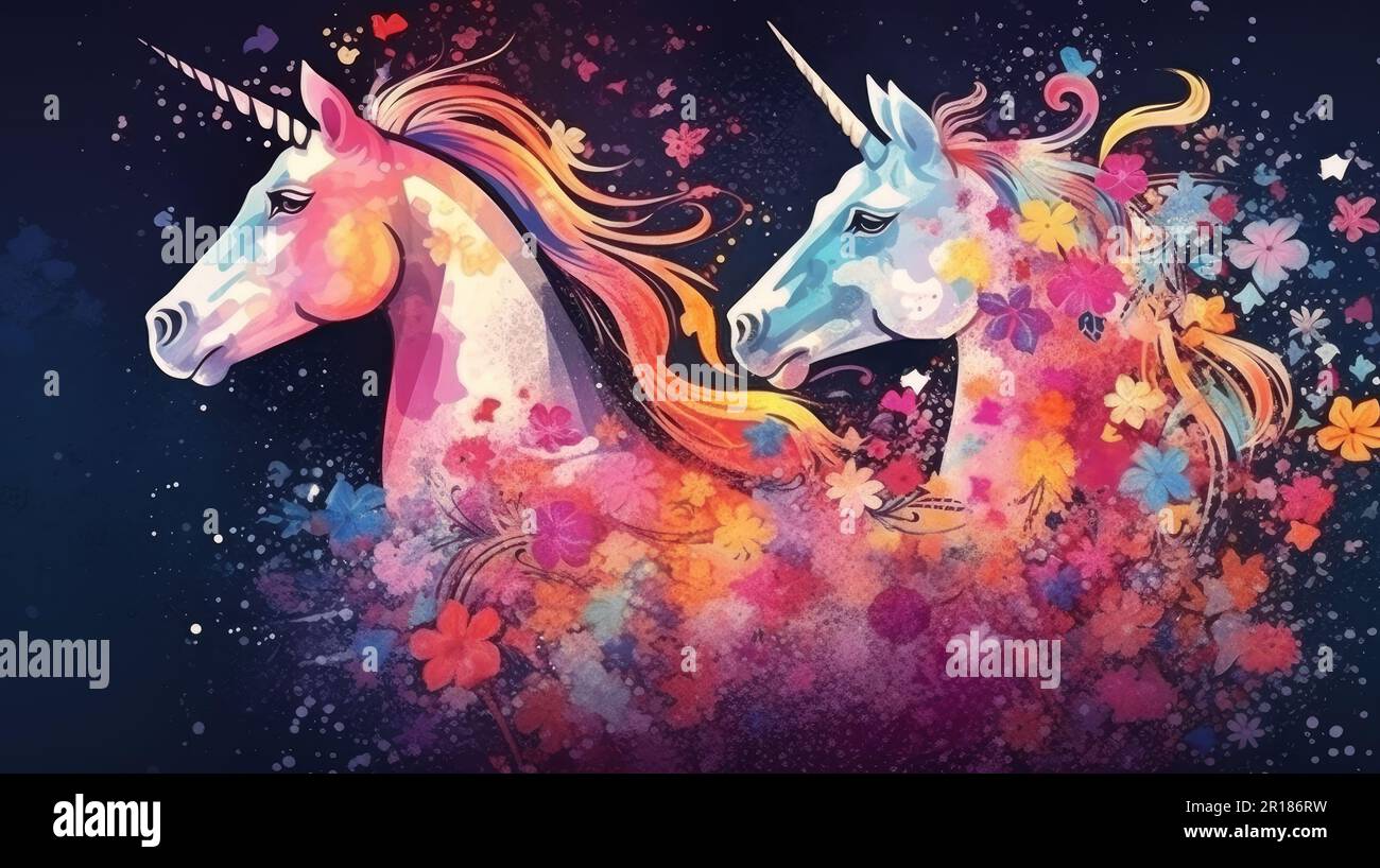 illustration of watercolor unicorn, abstract color background. Digital ...