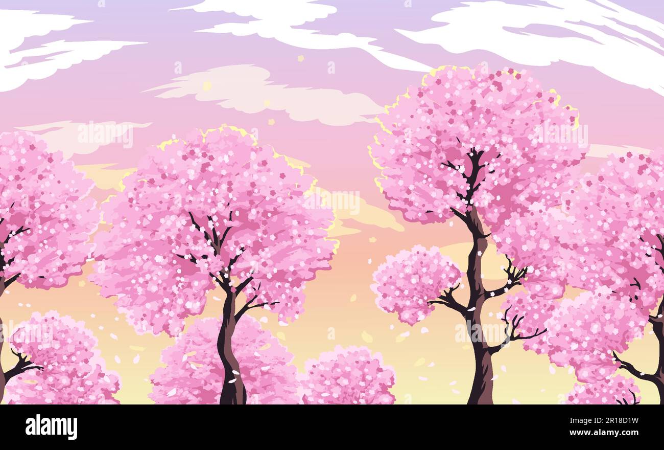 Blooming sakura trees against the evening pink sky with clouds vector
