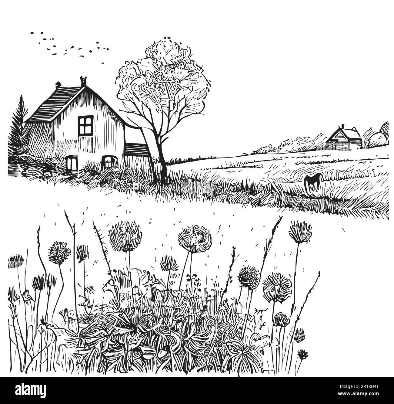 Country house on the field hand drawn sketch in doodle style