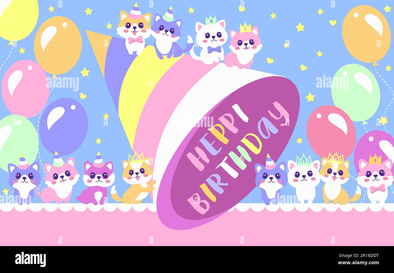 Cute puppies and kittens in crowns and caps with balloons wish happy