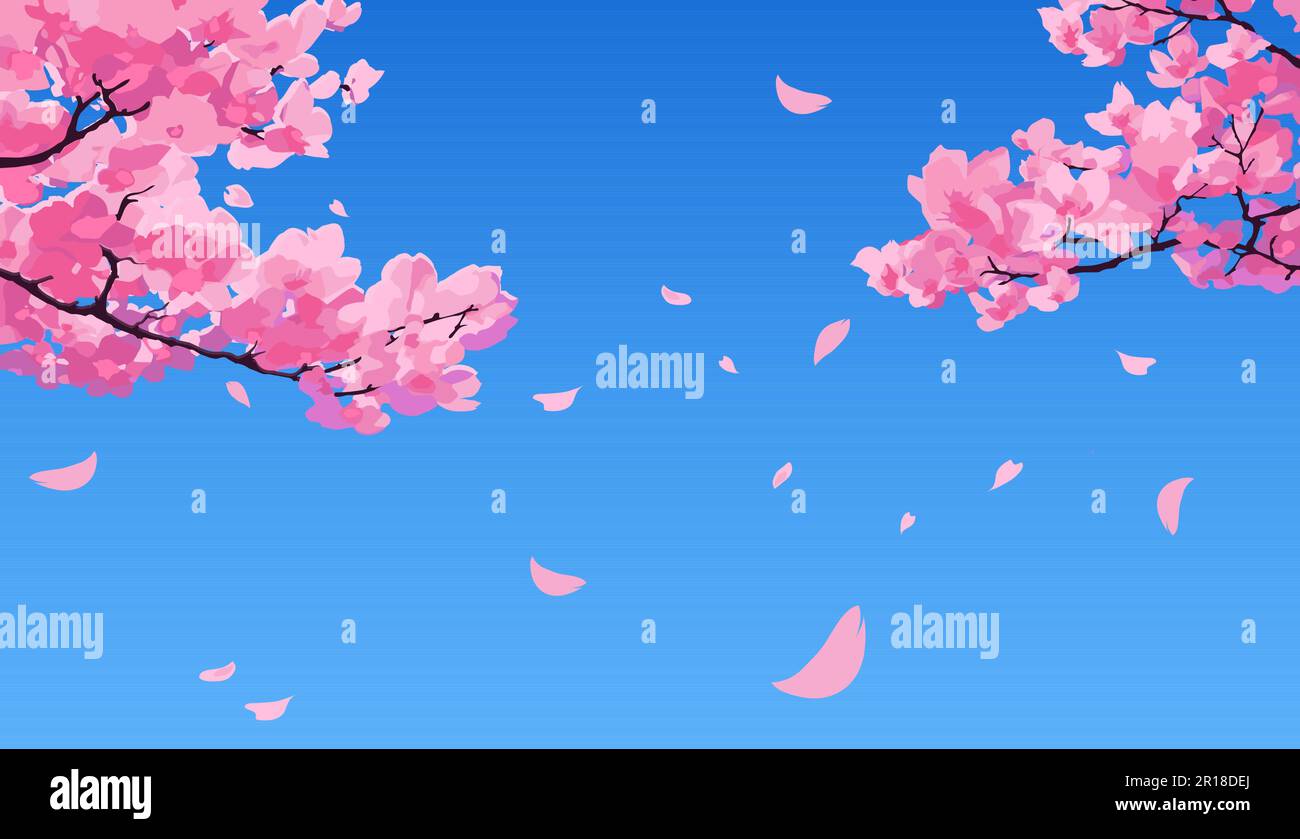 Pink sakura branch with petals falling against bright blue sky ...