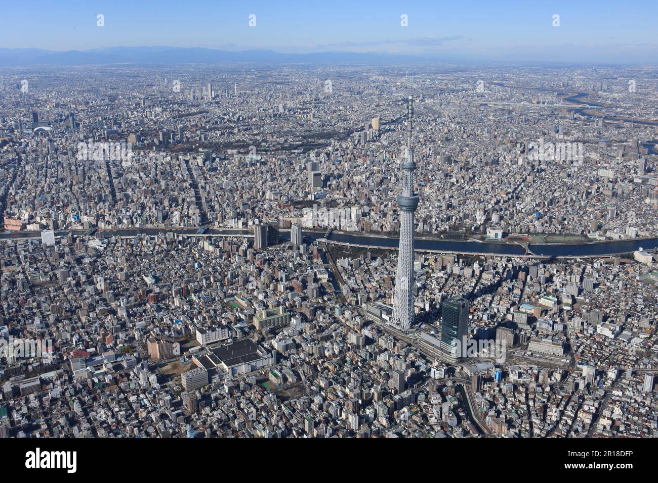 Aerial shot of the Tokyo Sky Tree from the southeast towards Ueno,Ikebukuro area Stock Photo