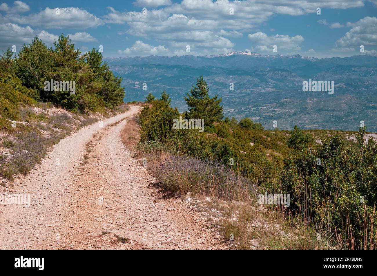 Sunny countryside road in Pyrenees, Spain. Road in Serra del Montsec, Ager Stock Photo