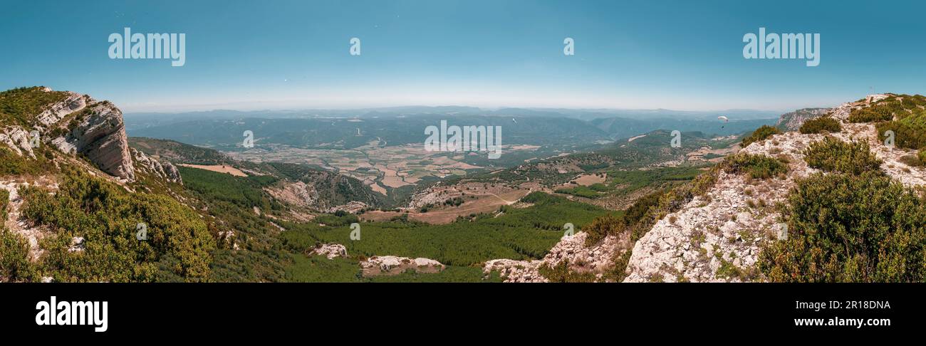 Amazing panorama from Serra del Montsec, a free flying Mecca in Ager, Catalunya, Spain. Stock Photo