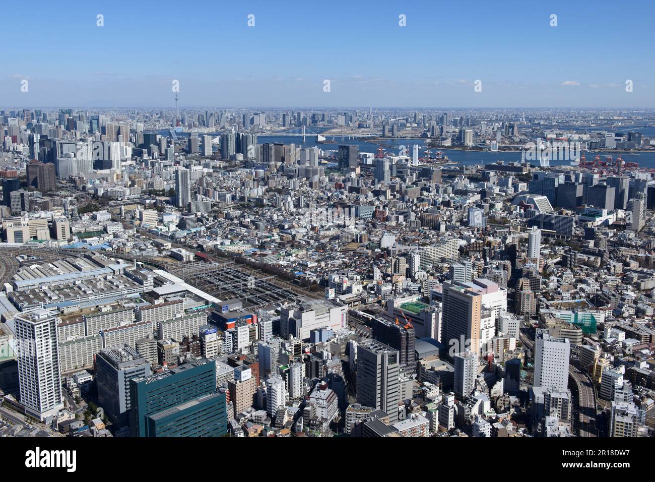 Oimachi station aerial shot from the Southwest distant view of Odaiba, Rainbow Bridge area Stock Photo