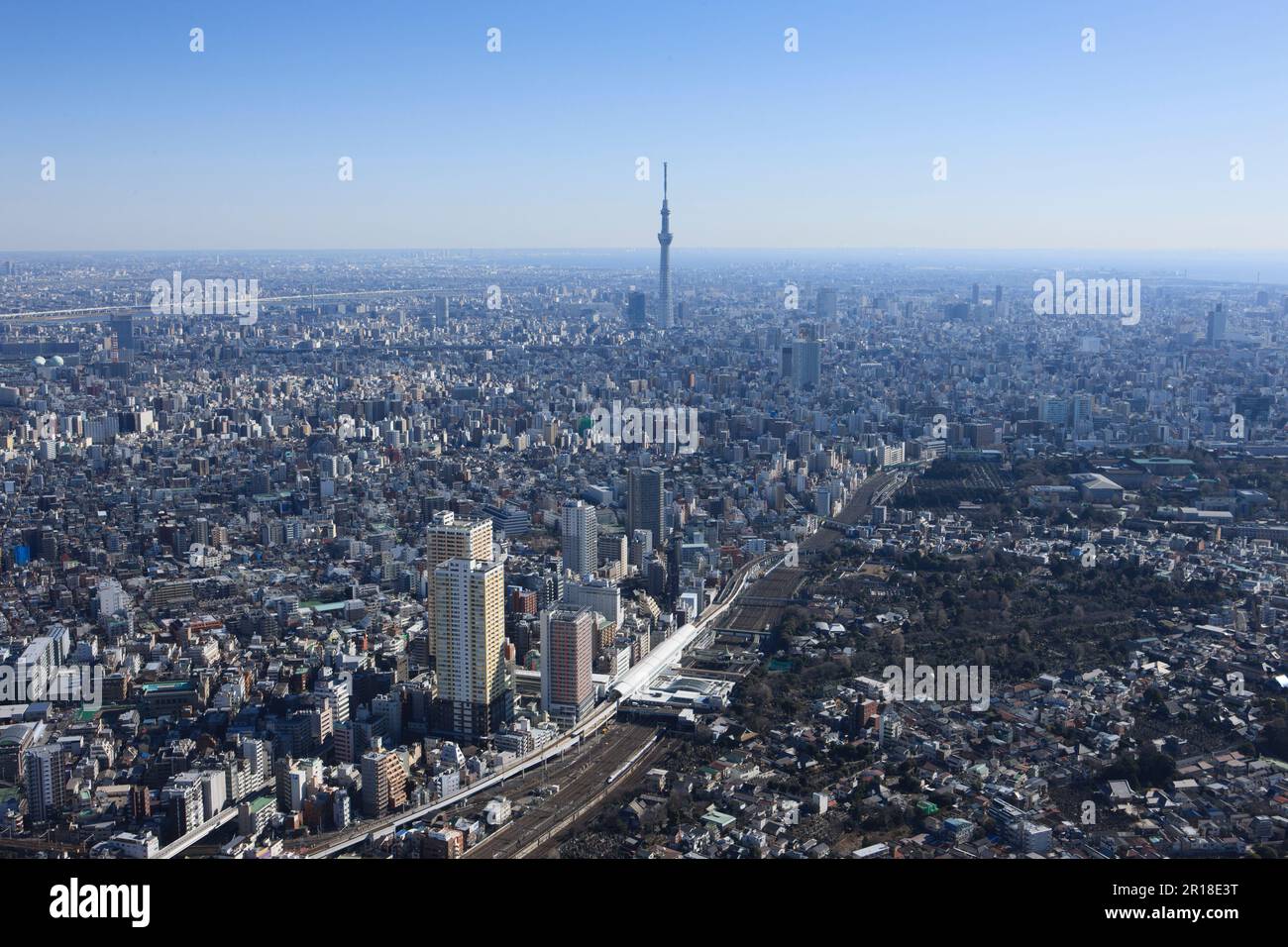 Nippori Station aerial shot from the Northwest Asakusa, Skytree area Stock Photo