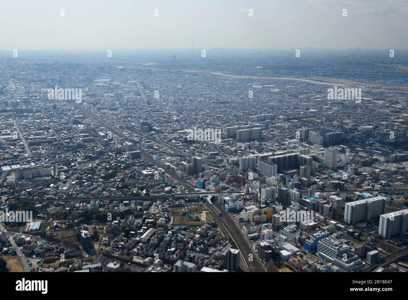 Shin Matsudo station aerial shot from the Northeast Skytree direction Stock Photo