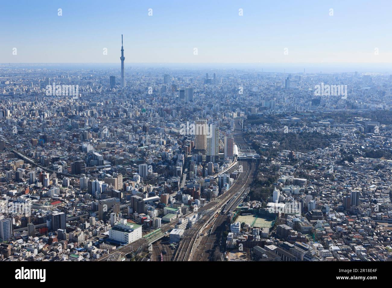 Nishi Nippori Station aerial shot from the Northeast Ueno, Skytree area Stock Photo