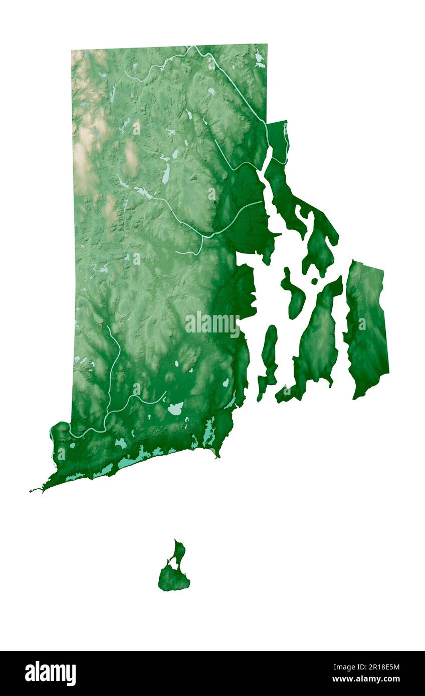 The US state of Rhode Island. Detailed 3D rendering of shaded relief map with rivers and lakes. Colored by elevation. Created with satellite data. Stock Photo