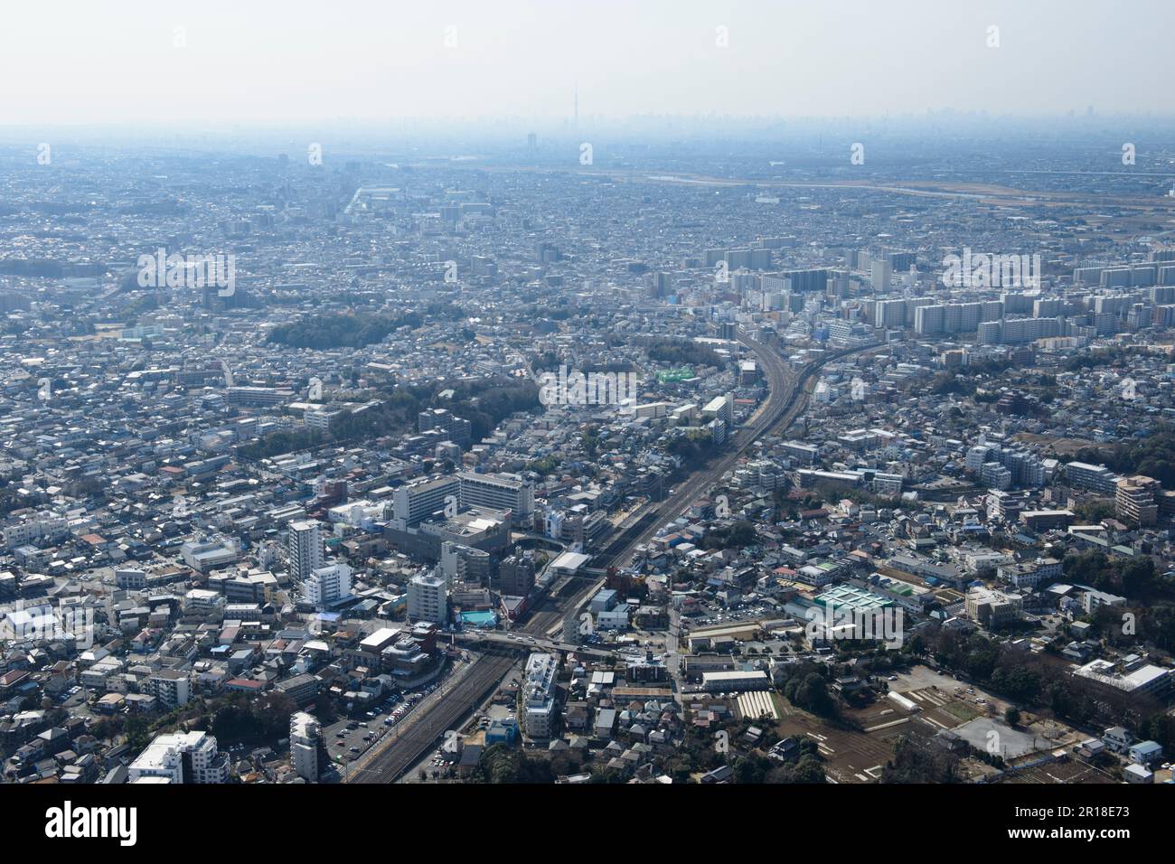 Kita Kogane station aerial shot from the Northeast Shin Matsudo, Skytree area Stock Photo