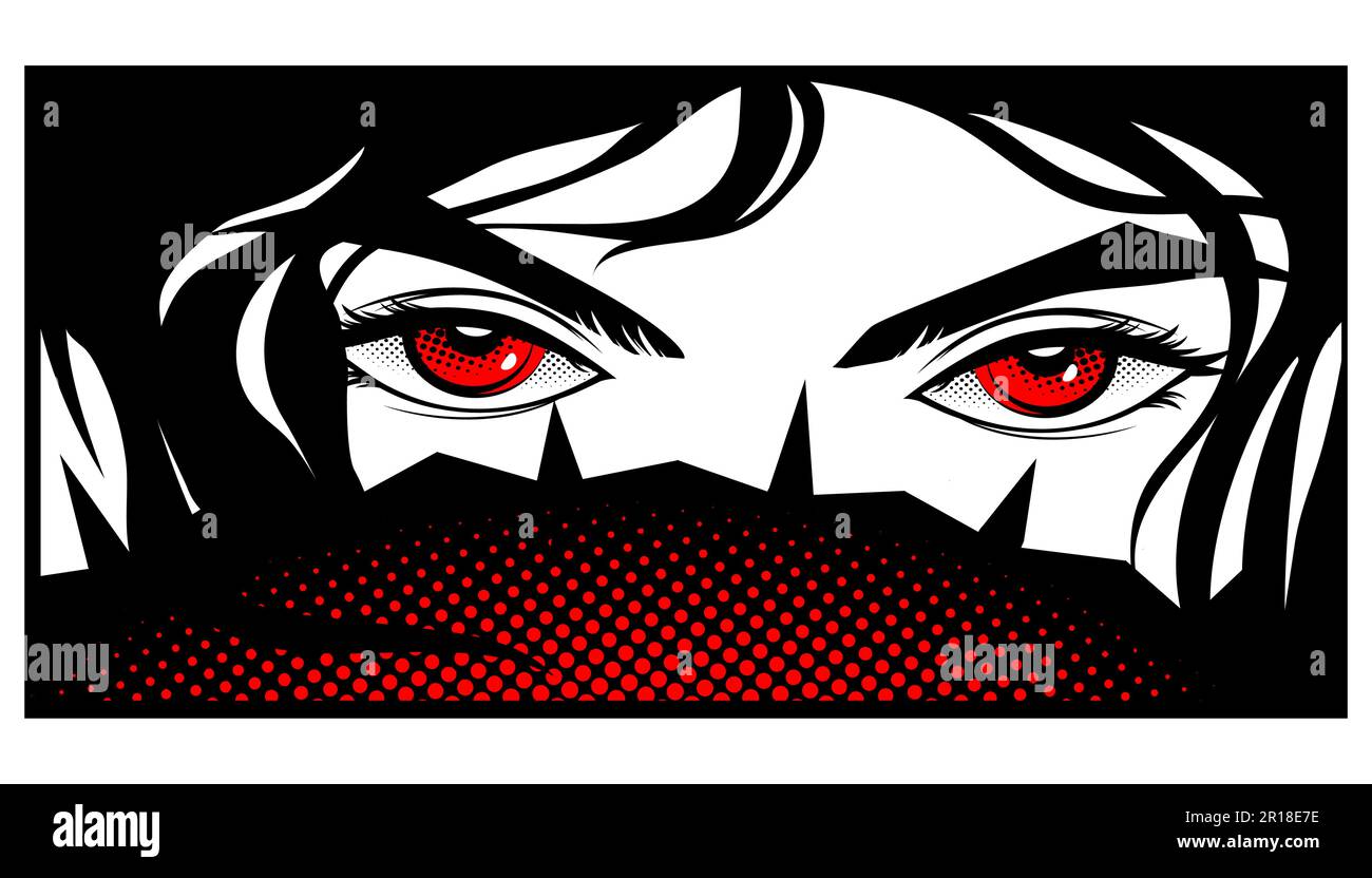 Eyes are red in the style of manga and anime. Vector image of a face covered with a fan. Stock Vector