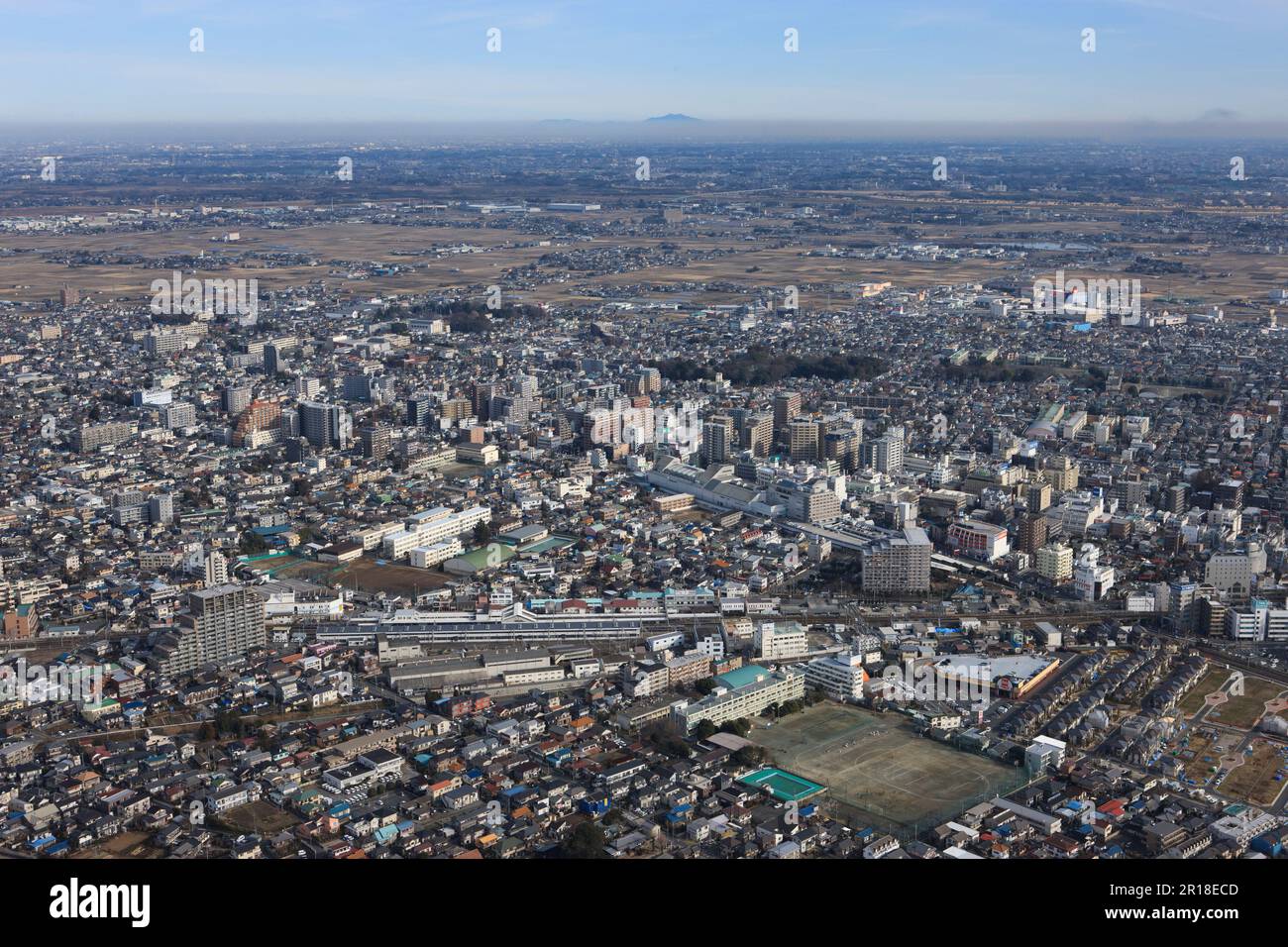 Kawagoe station aerial shot view from the southwest side towards Kita-in temple - Mt. Tsukuba Stock Photo