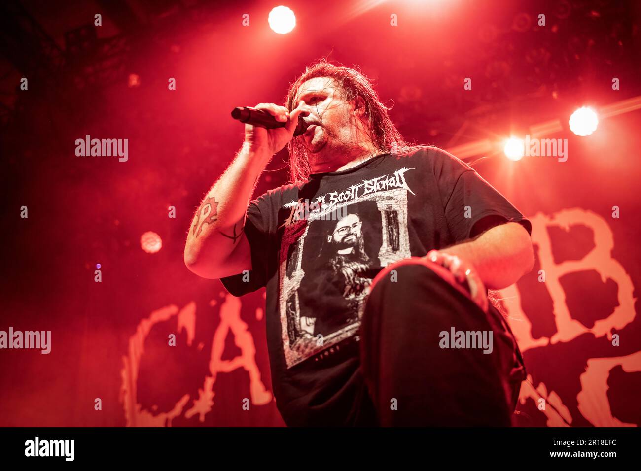 Oslo, Norway. 06th, April 2023. The American death metal band Cannibal Corpse performs a live concert at Rockefeller during the Norwegian metal festival Inferno Metal Festival 2023 in Oslo. Here vocalist George Fisher is seen live on stage. (Photo credit: Gonzales Photo - Terje Dokken). Stock Photo
