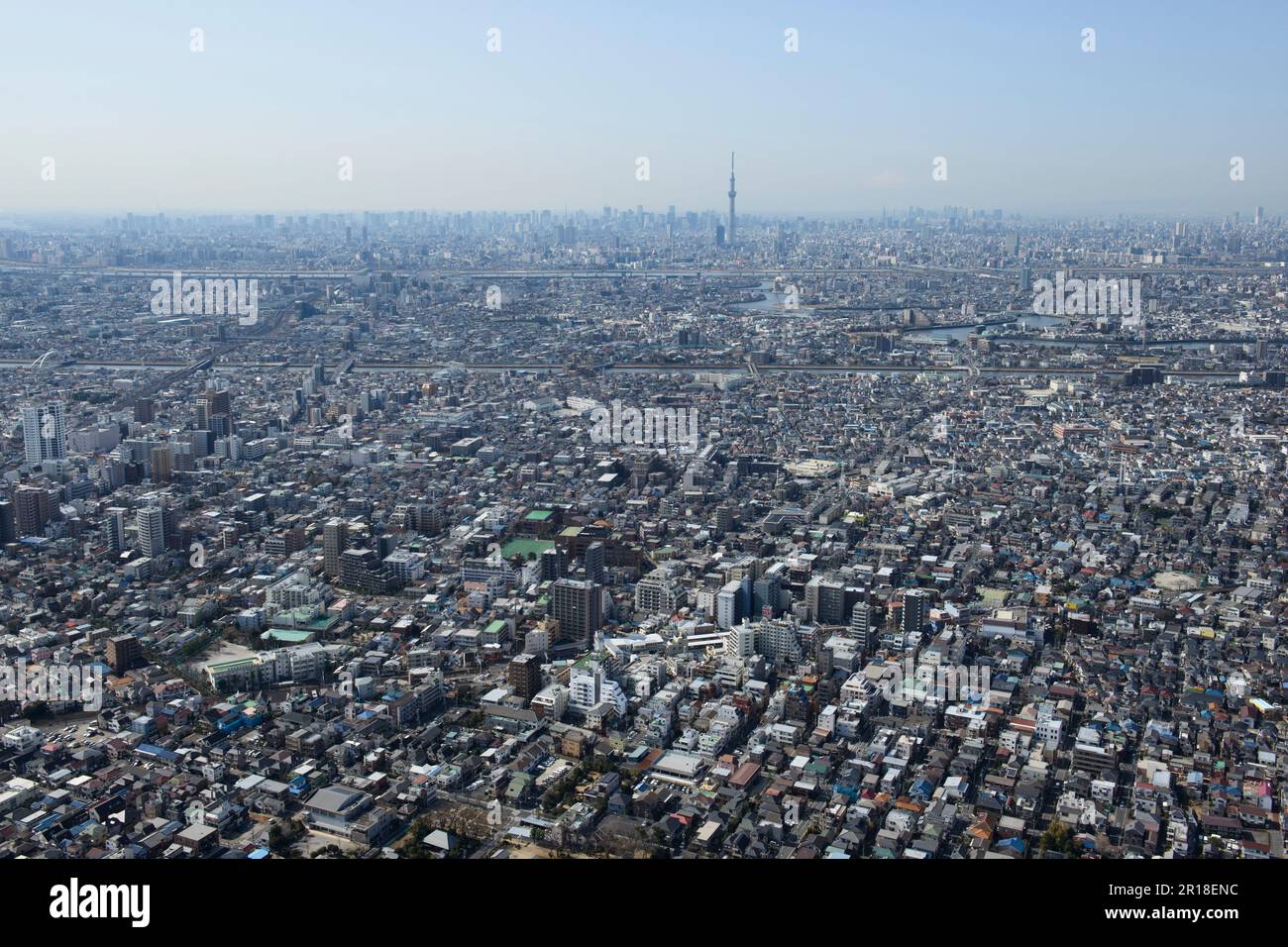 Keisei-Koiwa station aerial shot view from the northeast side towards the sky tree tower direction Stock Photo