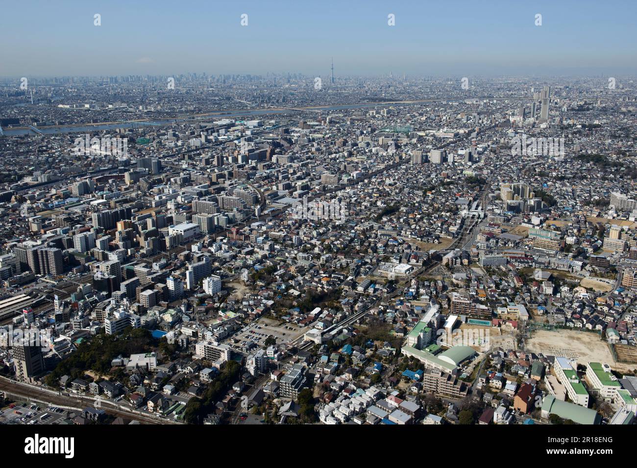 Keisei nishifuna station aerial shot view from the east side towards the sky tree tower - downtown direction Stock Photo