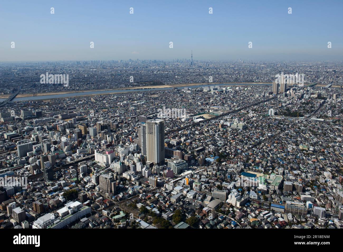 Keisei nishifuna station aerial shot view from the East side towards downtown- sky tree tower direction Stock Photo