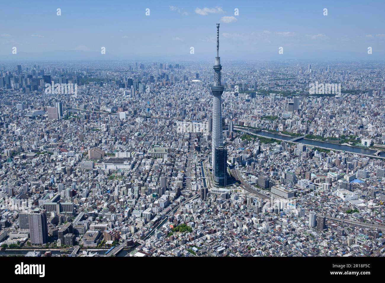 Oshiage station aerial shot from the east side towards towards Ueno, Shinjuku direction Stock Photo