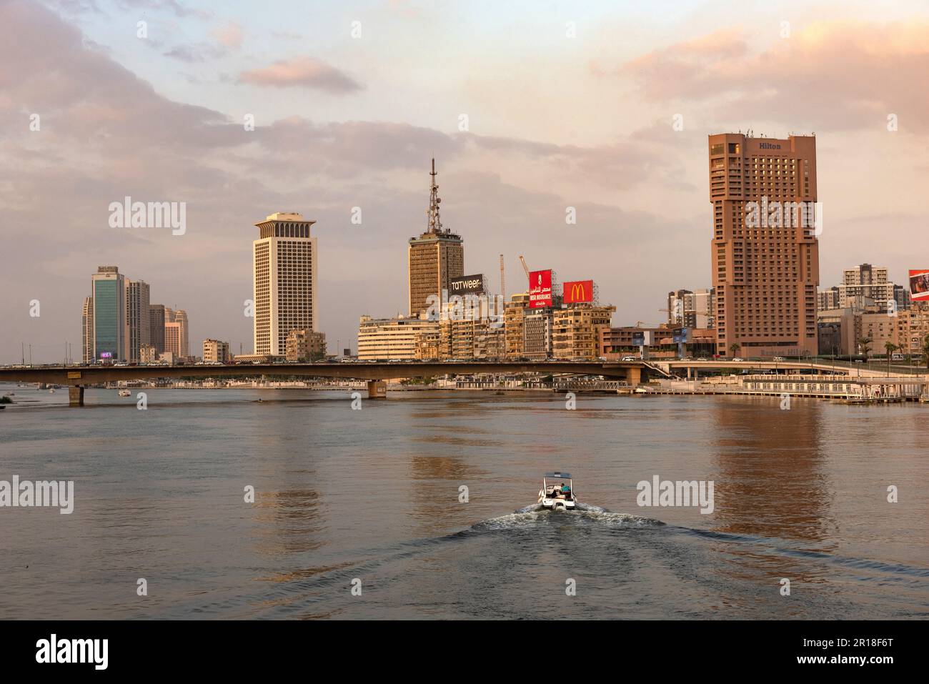 Cairo city skyline with Ramses Hilton Hotel over the River Nile from ...