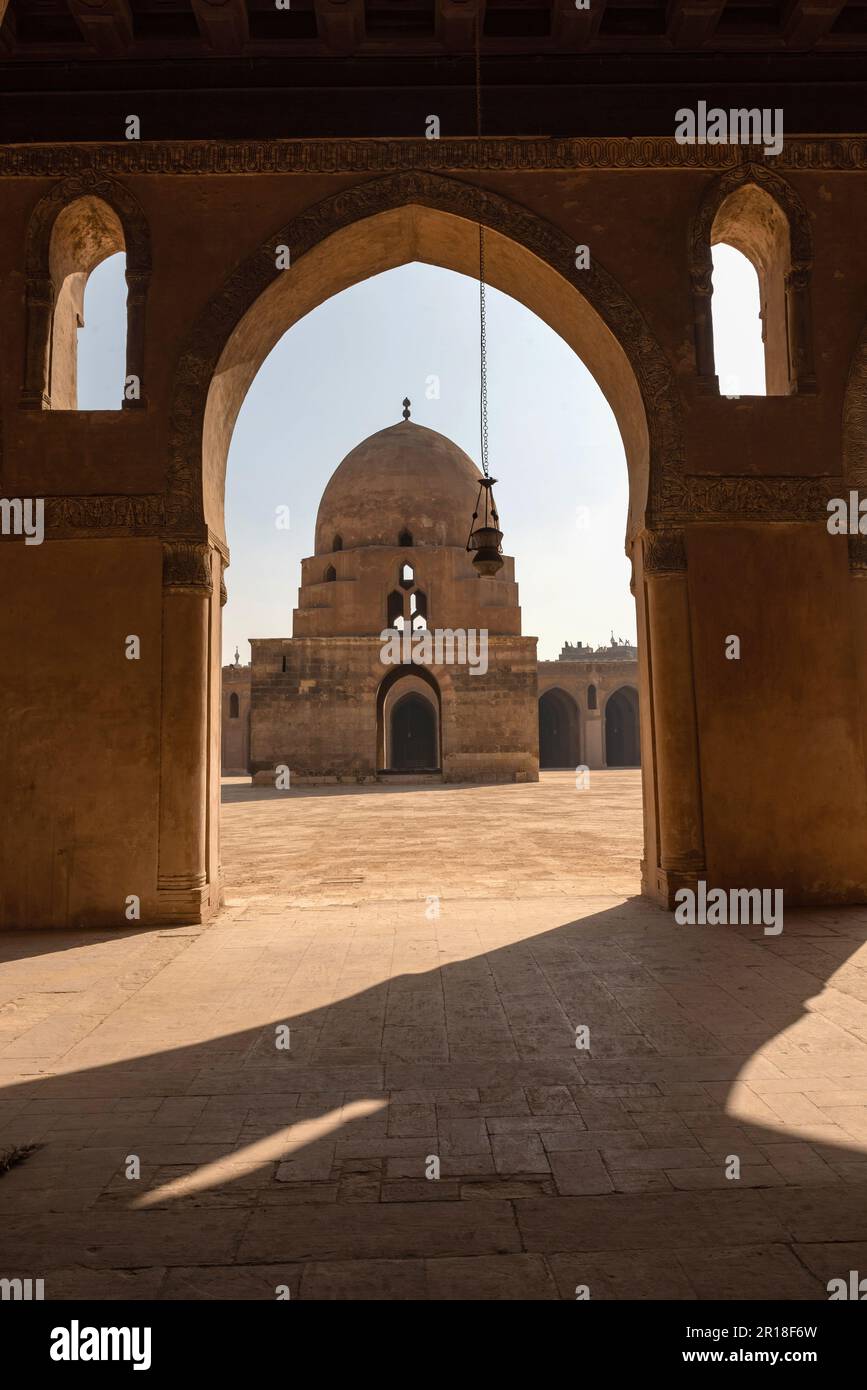 The interior architecture of the courtyard and dome of Ibn Tulin Mosque